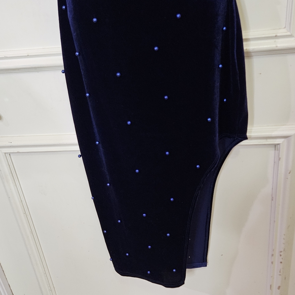 Windsor Navy Blue Velvet Beaded Embellished Asymmetrical Midi Dress,Large - Picture 8 of 16